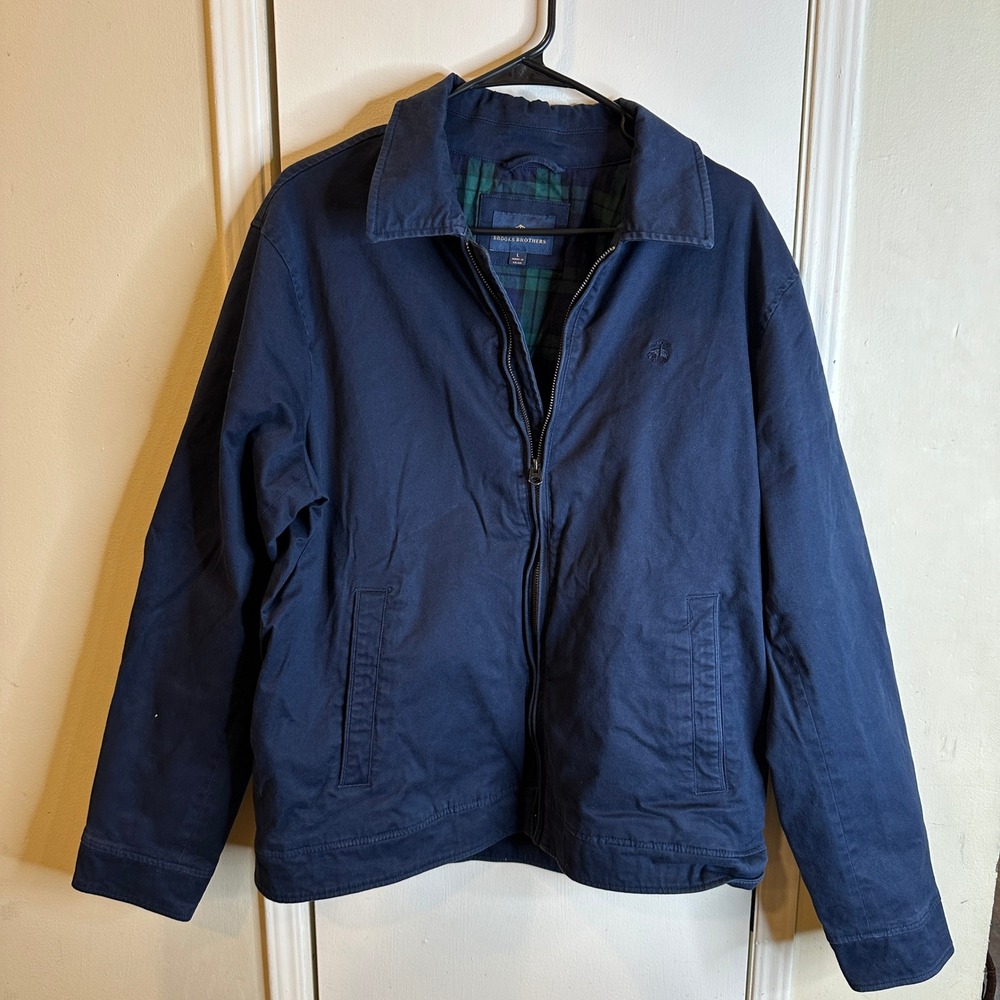 Brooks Brothers Mens Navy Blue Harrington Jacket Black Watch Plaid Lining Large
